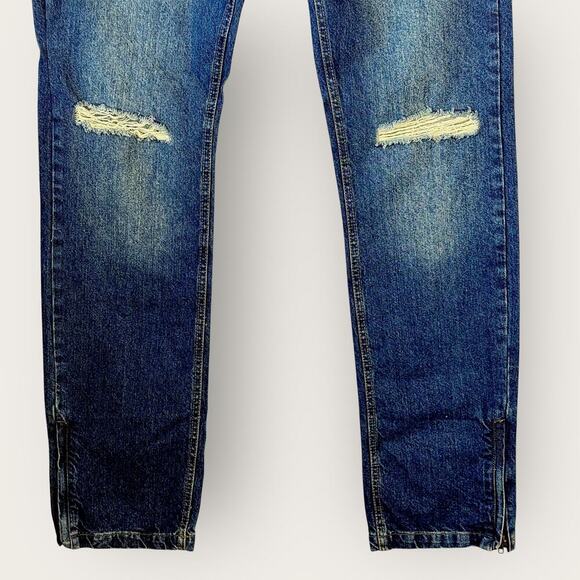 boohooMAN Relaxed Rigid Button Fly Rip Knee Blue Jeans Zip Hem Size 30X37 Tall - Picture 5 of 14